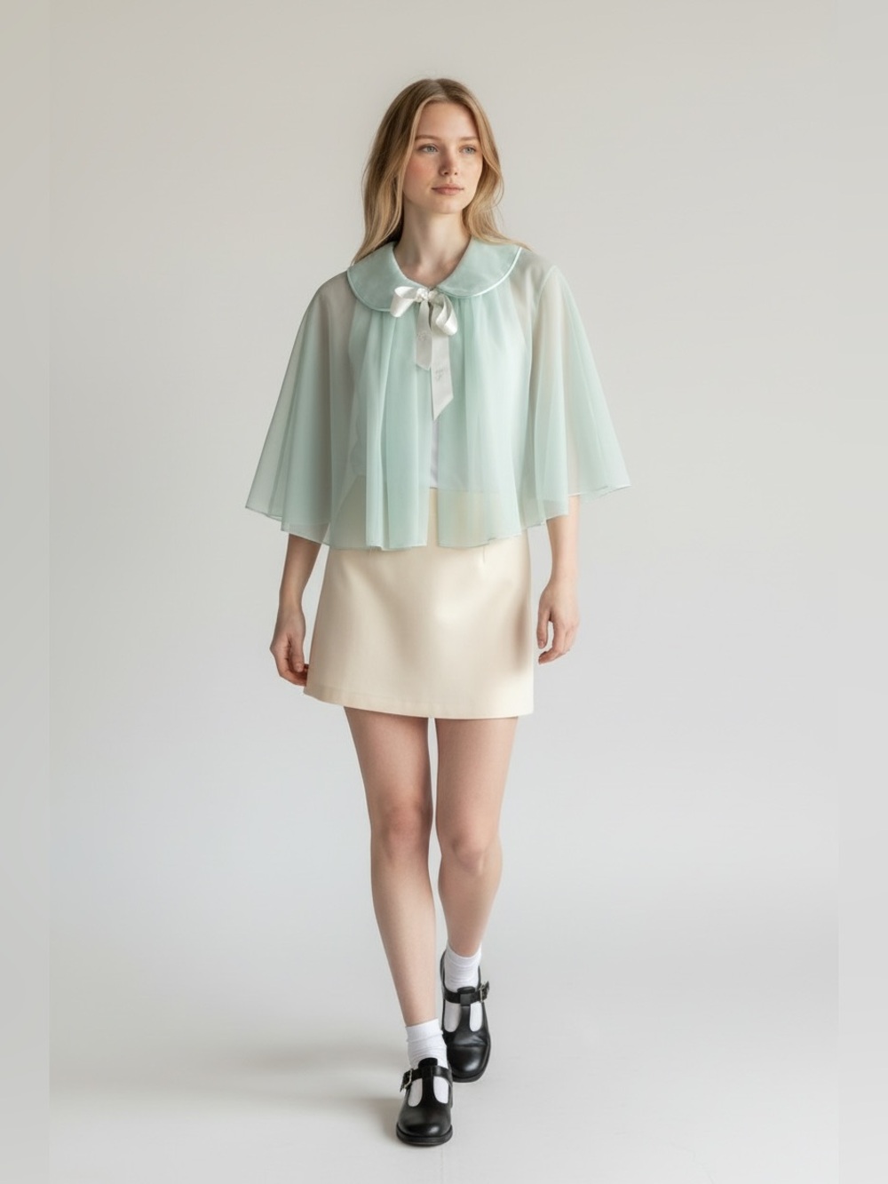 VINTAGE Sheer Pale Green Ribbon-Tie Capelet Top